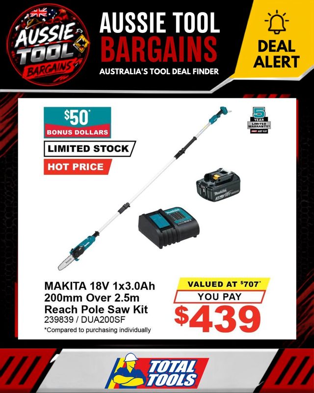 MAKITA 18V 1x3.0Ah 200mm Over 2.5m Reach Pole Saw Kit